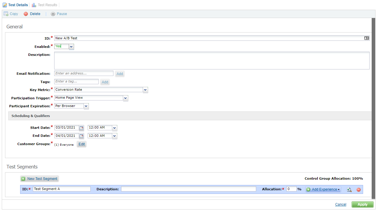 Creating a new A-B test in SFCC